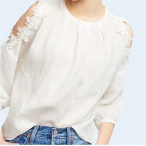 Anthropologie Eri + Ali Jemma Linen Blouse size S cold shoulder floral accents